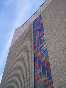 Random glass block colors on inside and outside of church windows  